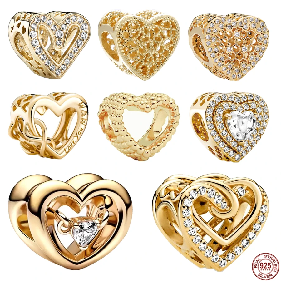 

New 925 Sterling Silver Sparkling Gold plated Heart-Shaped Charm Beads Fit Original Pandora Bracelet Jewelry Fashion Gift