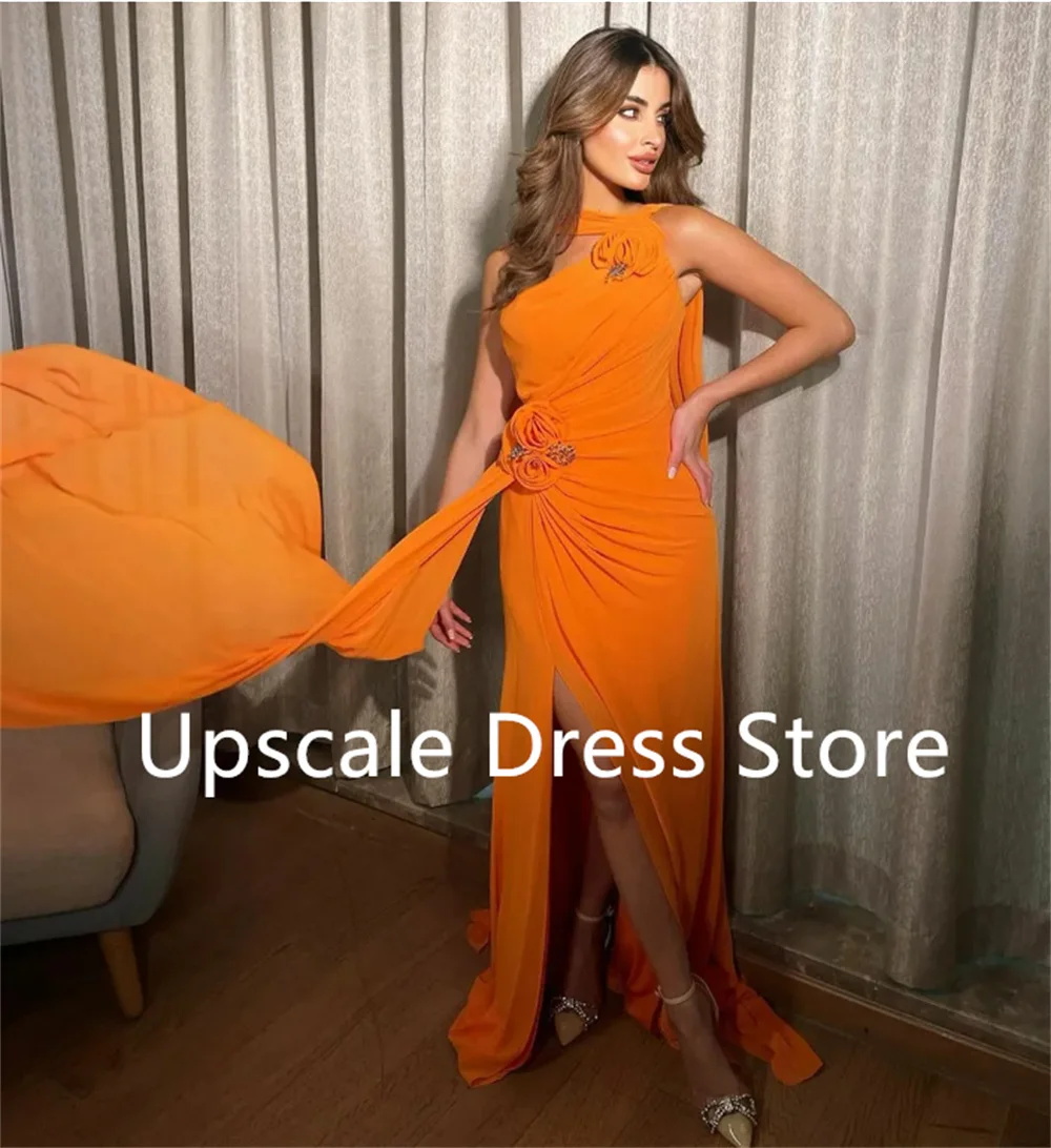 

Vintage Long Chiffon Evening Dresses With Flower Sheath One Shoulder Side Slit Beaded Prom Dress Muslimفساتين مناسبة رسمية
