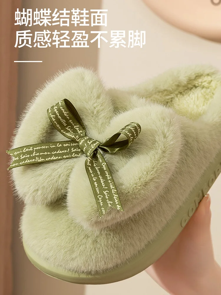 Bow Fluffy Women Slippers Faux Plush Fur Winter Eva Home Cotton Shoes House Indoor Living Room Slippers Female Slides flip flops 3