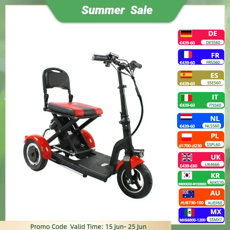 36V 300W 3 Wheel Mobility Scooter for Seniors 10 Inch Portable Foldable Lightweight Elderly Electric Tricycle Removable Battery