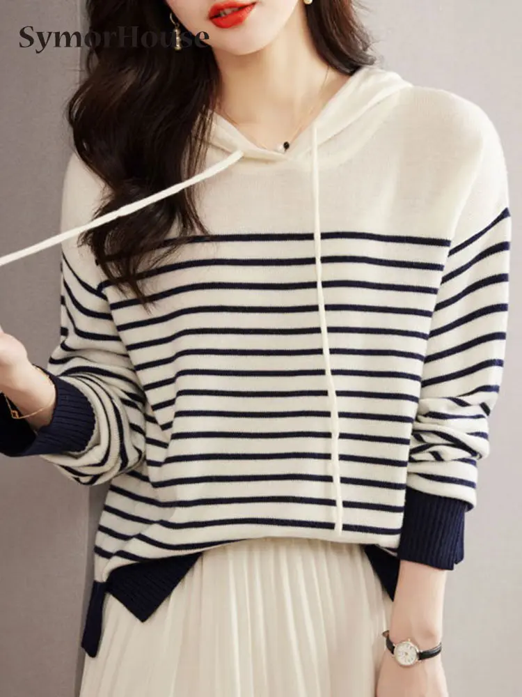 

2023 Autumn Winter Stripes Hooded Knitted Cardigan Women Korean Fashion Loose Casual Pullover Sweater Coat Long Sleeve Top