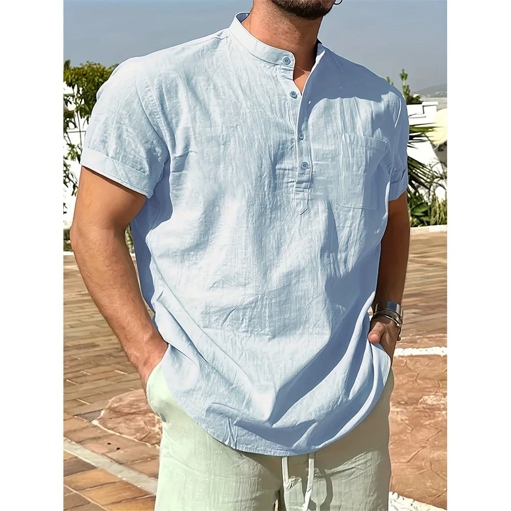 Summer Breathable Cotton Linen Henley Neck T Shirt Lightweight Casual Top Gift