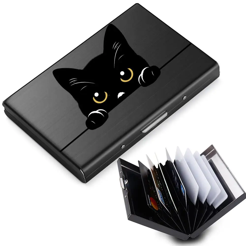 Lindo gato negro caliente funda para tarjetas de crédito cartera hombres mujeres negocios multifunción delgada cartera tarjetero de acero inoxidable 10 ranuras para tarjetas