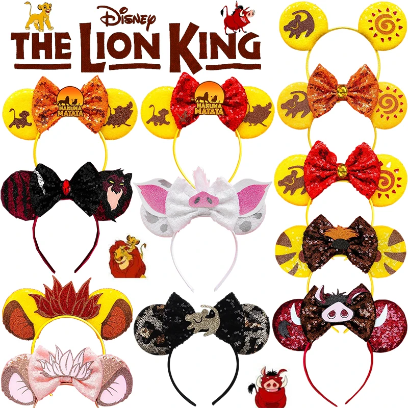 

The Lion King Ears Headbands Girls Cartoon Mufasa Simba Hairbands Kids Disney Pumbaa Hair Accessories Women Sequins Bow Headwear