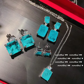 2024 Hot Sale New 925 Silver Stud Blue Paraiba Earrings Necklace Women's Wedding Fashion Jewelry Earrings Necklace Set Wedding 1