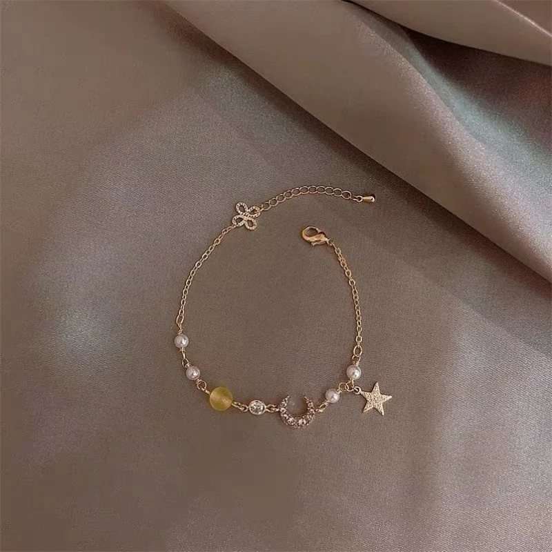Korean Simple Star Moon Zircon Pearl Bracelet For Women Ladies Cute Elegant Exquisite Shiny Link Chain Bracelet Charm Jewelry bracelet jewelry