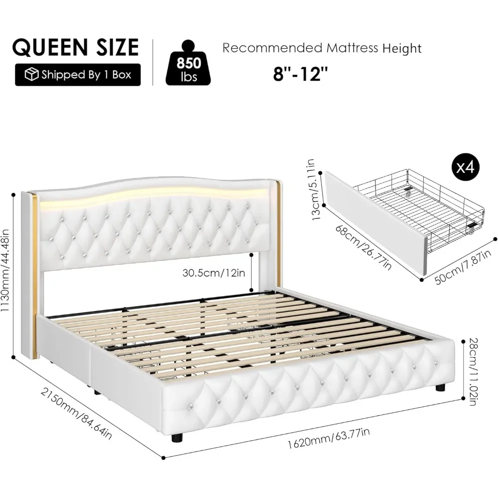 Smart LED Platform Bed Frame with 4 Storage Drawers, Crystal Button-Tufted & Stainless Gold Trim Wingback Headboard/ 2