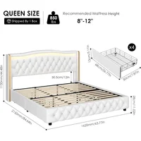 Smart LED Platform Bed Frame with 4 Storage Drawers, Crystal Button-Tufted & Stainless Gold Trim Wingback Headboard/ 2