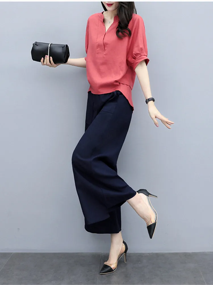 Cotton Linen Suit Women For Summer 2022 New Fashion Korean Casual Solid Tops & Wide Leg Pants 2 Pieces Female Outfit Costume