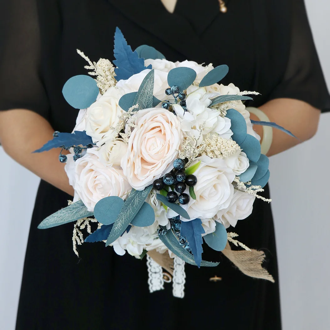 

Unique Blue Bride Wedding Bouquet Bridesmaid Wedding Accessories Artificial Roses Holding Flowers Bride Mariage Bouquet Favors