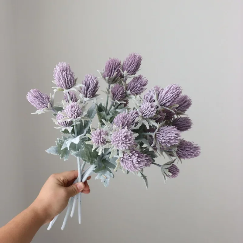 Flocked Eryngium Thistle Flower Bouquet for Wedding and Home Decor