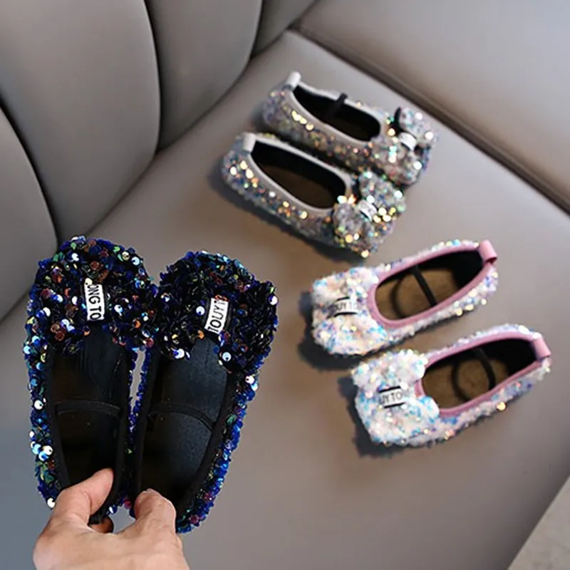 Girls' Leather Shoes Spring Autumn Children's Sole Single Bowknot Sequin Soft Dress Princess Girls Flats Toddler Shoes Girl