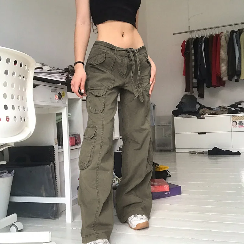 Casual Vintage Cargo Pants for Women Y2K Streetwear 2023 Autumn Winter Wide Leg Pocket Low Waist Trousers Loose Straight Jeans