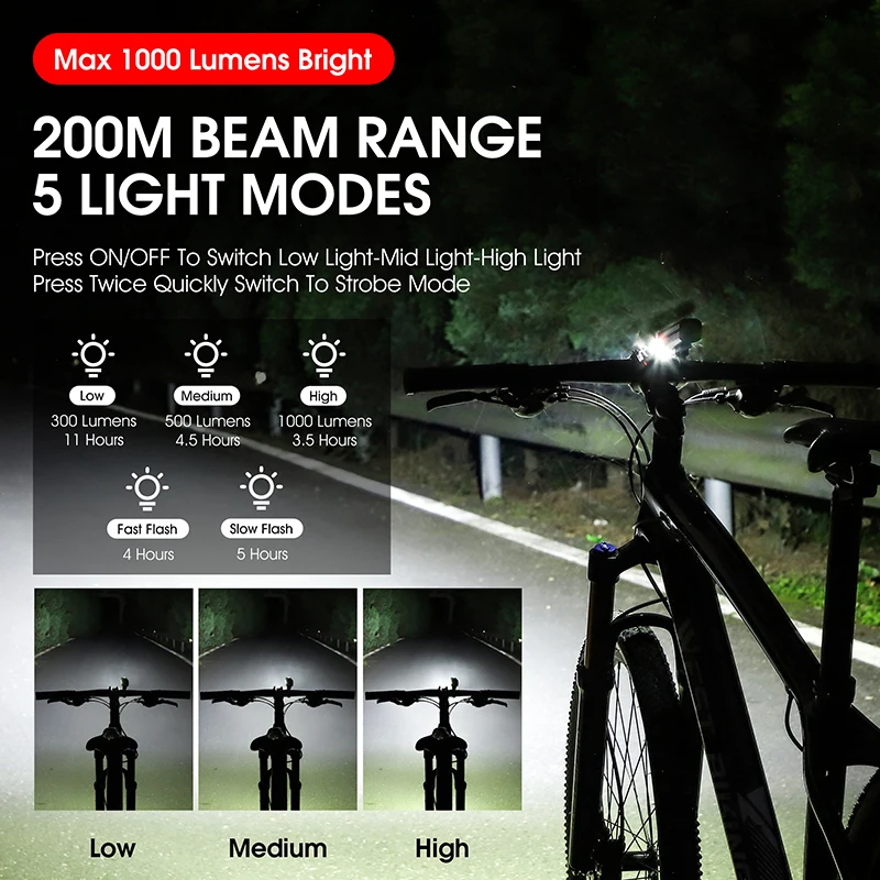 WEST BIKING Bicycle Front Light 1000 Lumens Lamp Highlight Aluminum Type-C Bike Flashlight Headlight MTB Road Cycling Light
