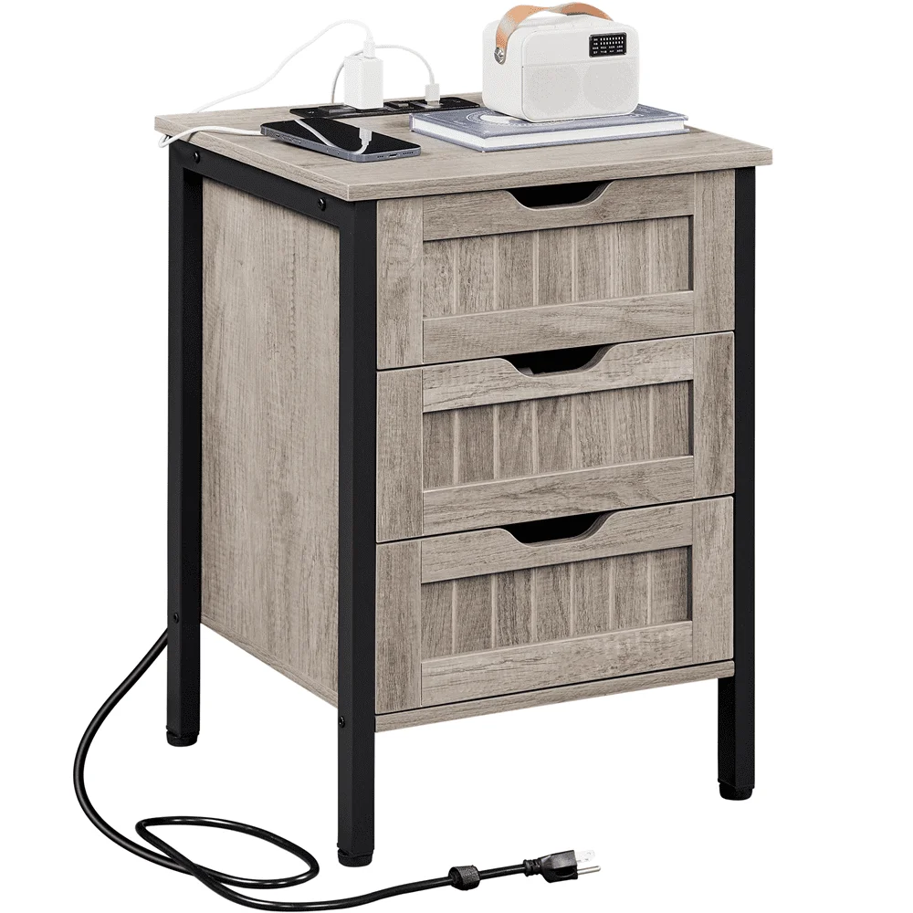 

Easyfashion Luxurious Refined Fashionable and Elegant Nightstand with Charging Station Gray