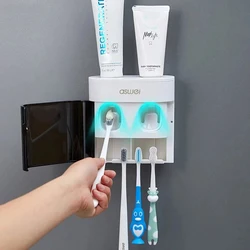 Automatic Toothpaste Dispenser with Magnetic Toothbrush Holder and Wall Mount Rack (White)