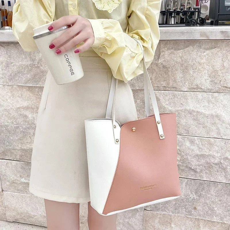

Women Patchwork Bag Hot Stamped Contrast Color Shoulder Bags Pu Leather Ladies Purses and Shopping Bag Casual Large Capacity