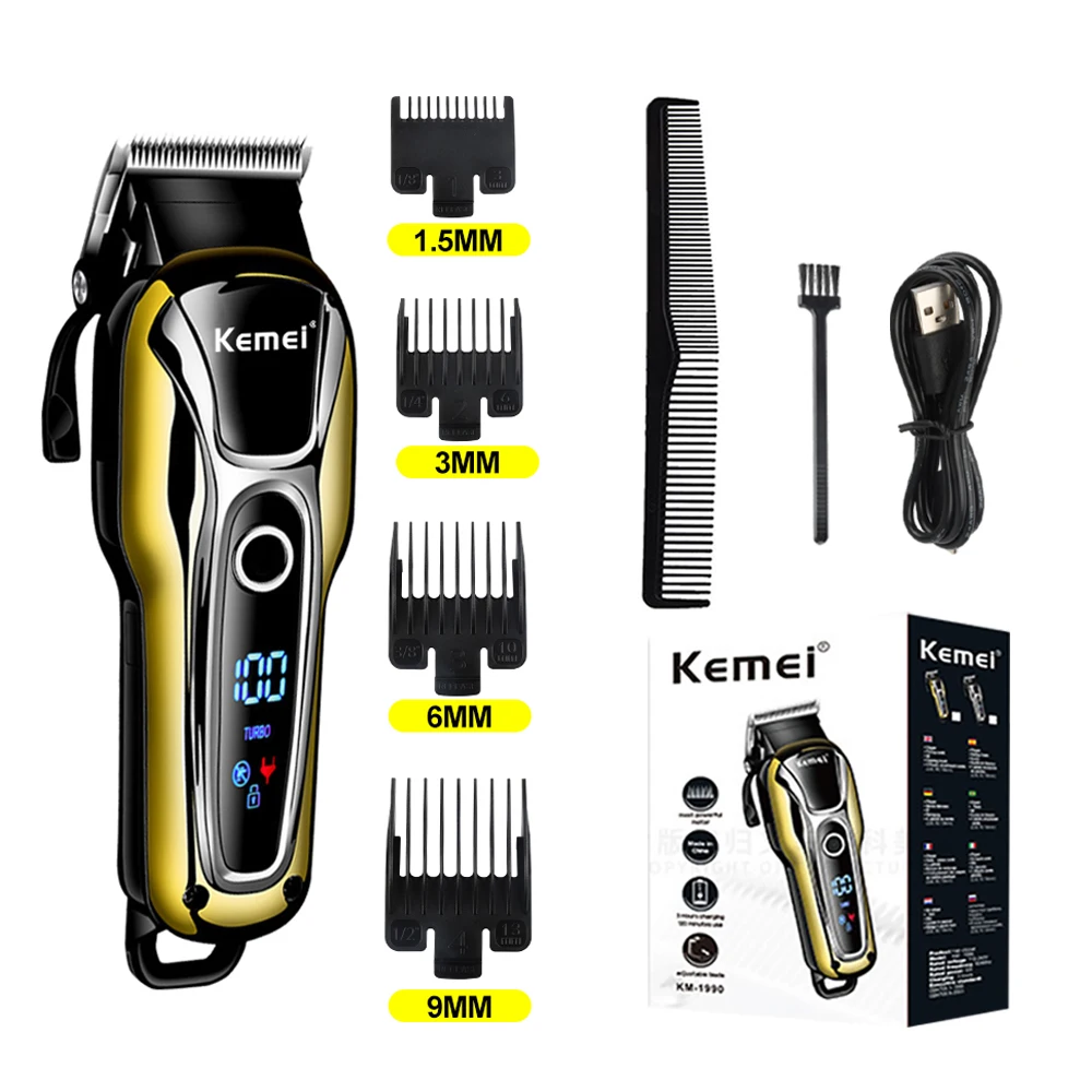 Kemei Km1990 Hair Clipper Recarregável Aparador de Cabelo Elétrico Máquina de Corte de Cabelo dos Homens Profissionais com Display Led