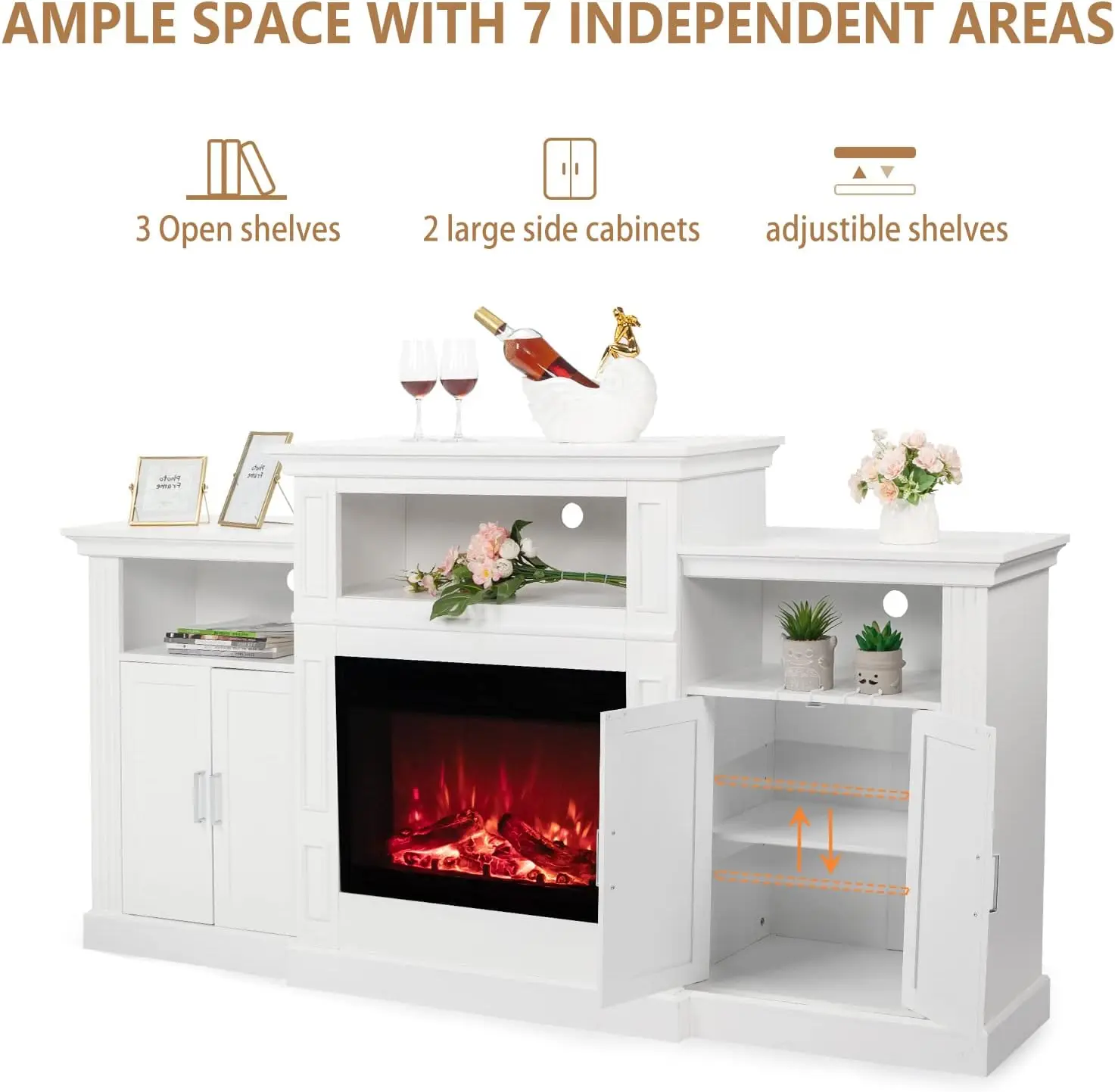 Electric Fireplace with Mantel,Fireplace TV Stand for TVs Up to 85'',Modern Entertainment Center,Storage,TV Console with Shelves 6