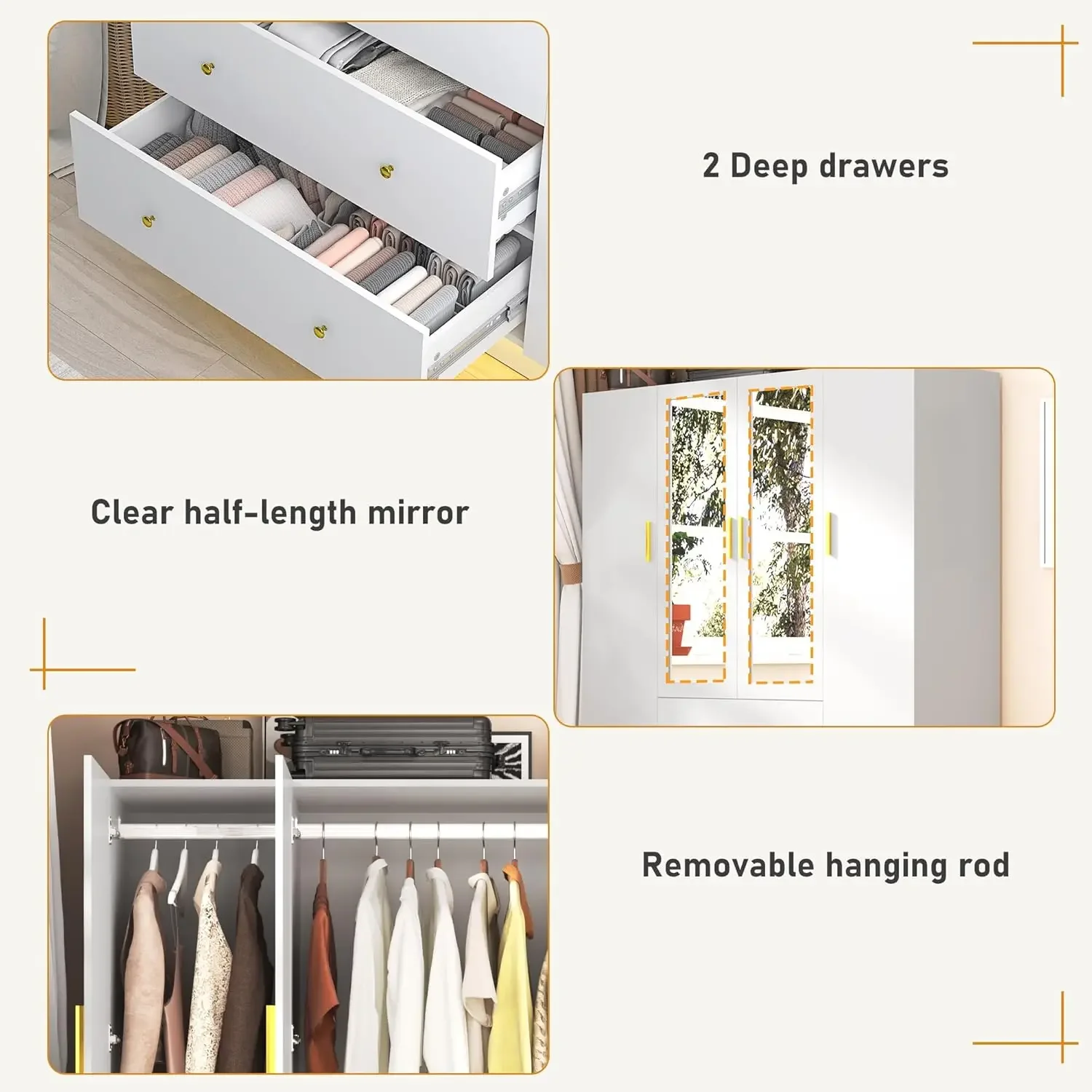 4 Doors Armoire Wardrobe Closet with Mirror, LED Armoire, Wooden Armoire Storage Cabinet with Hanging Rod,White 4