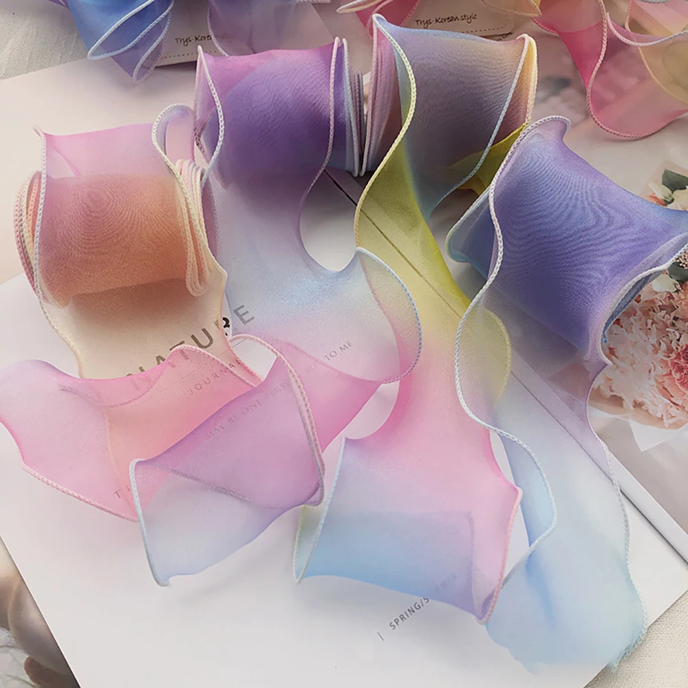 Chainho,Gauze Ribbon,Gradient Color,DIY Handmade Bow Tie Materials,Gift Flower Packaging,Width:60mm,Length:5 Specification,SD06
