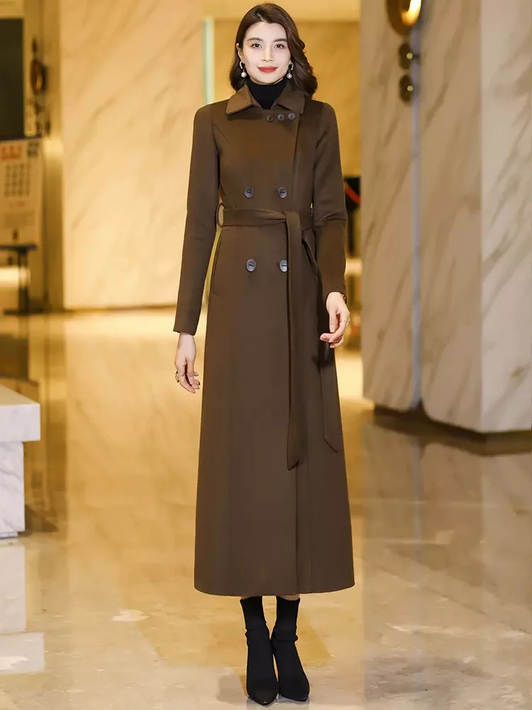 New Women Elegant Long Woolen Coat Autumn Winter Elegant Fashion Turn-down Collar Double Breasted Slim Wool Blended Overcoat