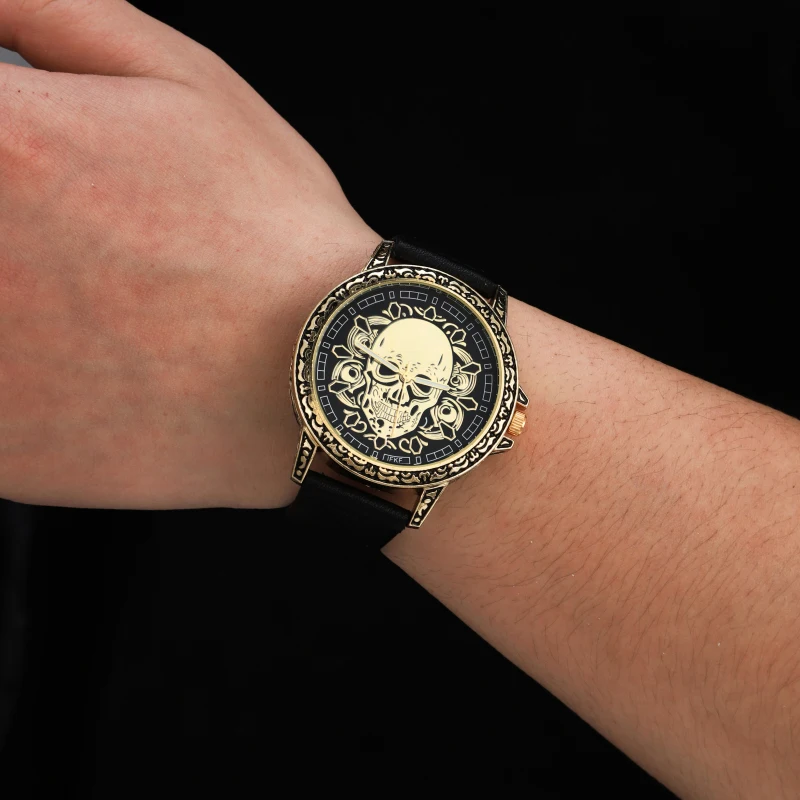 new Gold Skull Lion Tiger Men luxury business Military Quartz watch golden stainless steel band men watches male clock Relogio
