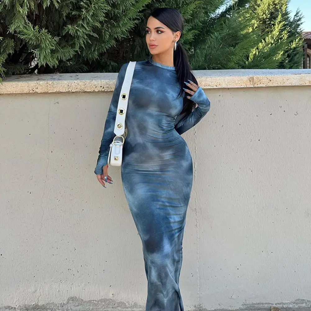 

Tie-dye Maxi Dress Elegant Round Neck Maxi Dress With Long Sleeve Tie-dye Pattern For Women Slim Fit Sheath Style For Spring