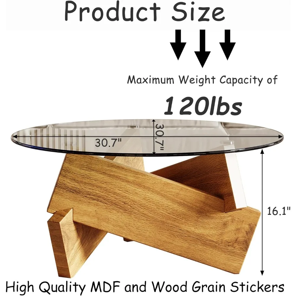 Modern Round Coffee Table with Tempered Glass Top, 30.7" x 30.7" x 16.1", Natural Wood for Living Room