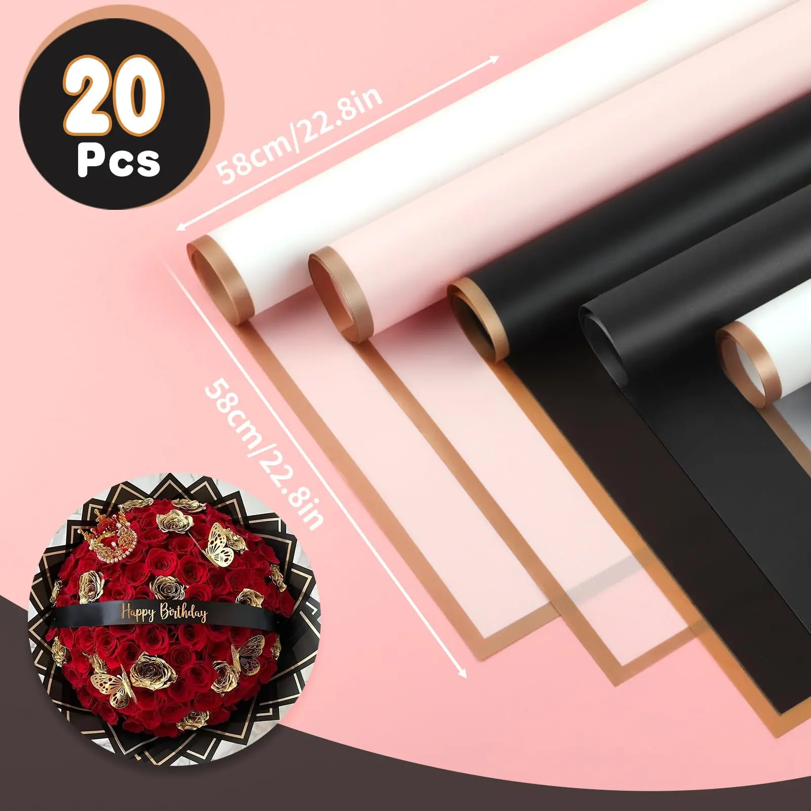 Matte Black Flower Wrapping Paper with Golden Edges Waterproof Packaging 20 Sheets For DIY Wedding & Birthday Gifts