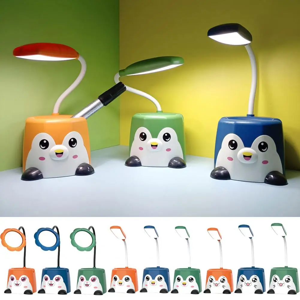 

Desk Lamp Cartoon Shape Flicker Free Flexible Hose Design One-key Start Rechargeable Cute Cartoon LED Table Lamp with Pen Holder