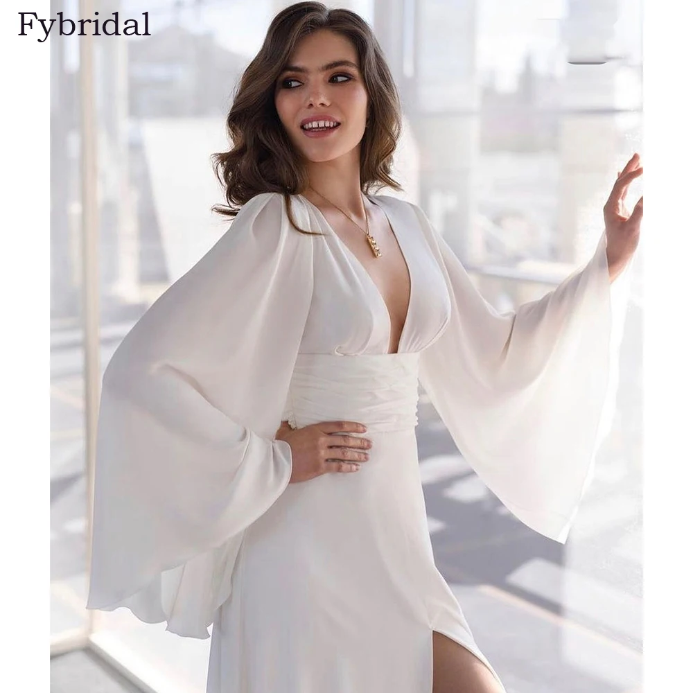 Sexy Deep V Neck Chiffon Wedding Dress Long Batwing Sleeve High Slit Cut Out Back Bridal Gown Robe De Mariee Vestidos De Novia 3