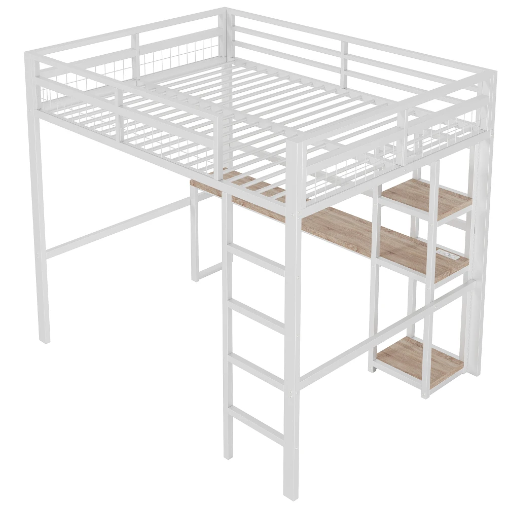 Multifunktionales Hochbett 140 x 200 cm – stabiler Eisenrahmen mit integriertem Schreibtisch (Steckdose + USB-C), vielseitige Einsätze, ohne Matratze – Detail 26