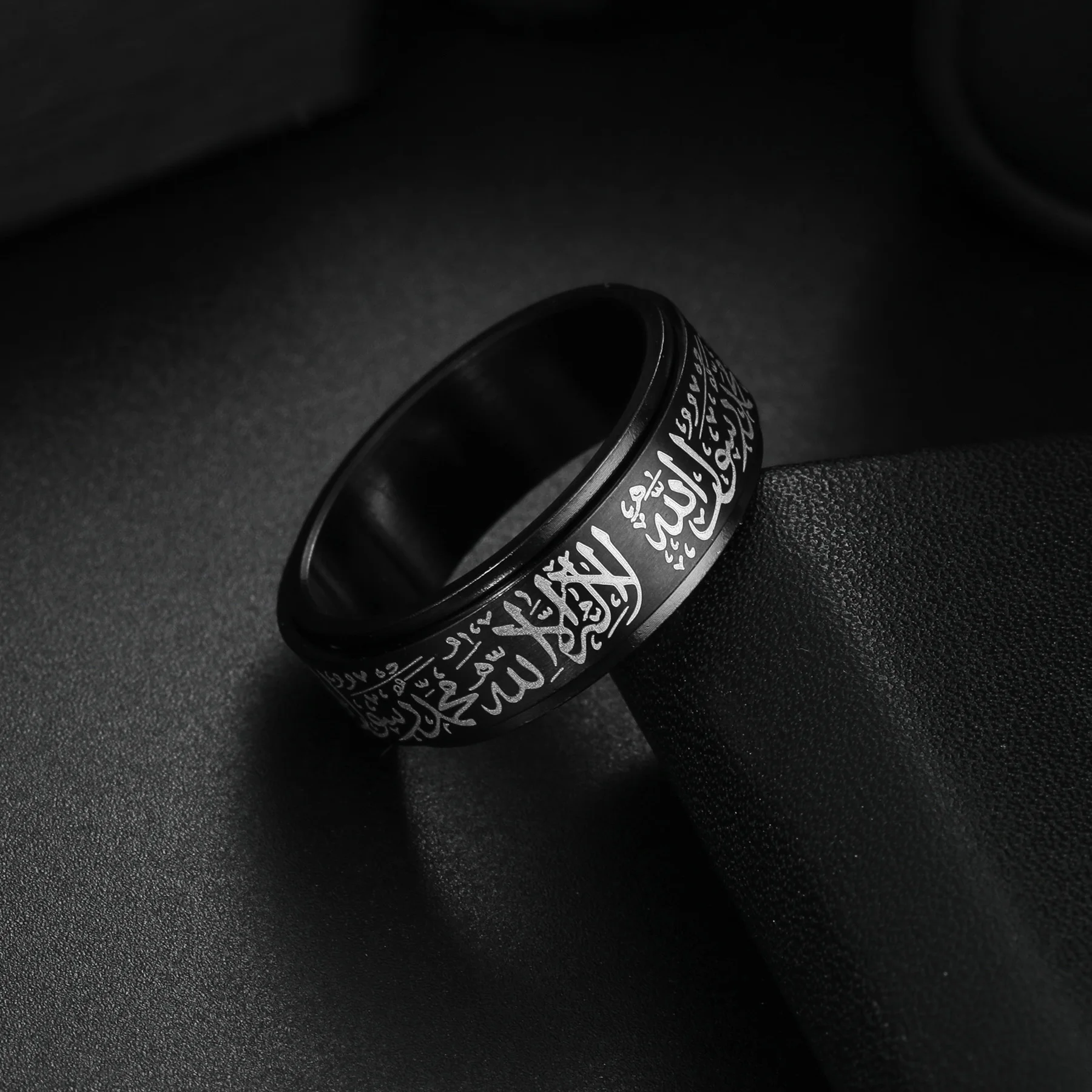Men's Stainless Steel Islamic Ring – Shahada In Arabic & English, Hypoallergenic, Sizes 7-12, Black