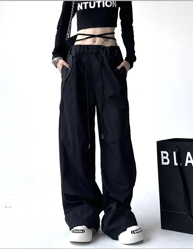 Drawstring Cargo Pants Fashion High Waist Pocket Straight Pants High Street Leisure Baggy Wide Leg Trouser Ladies
