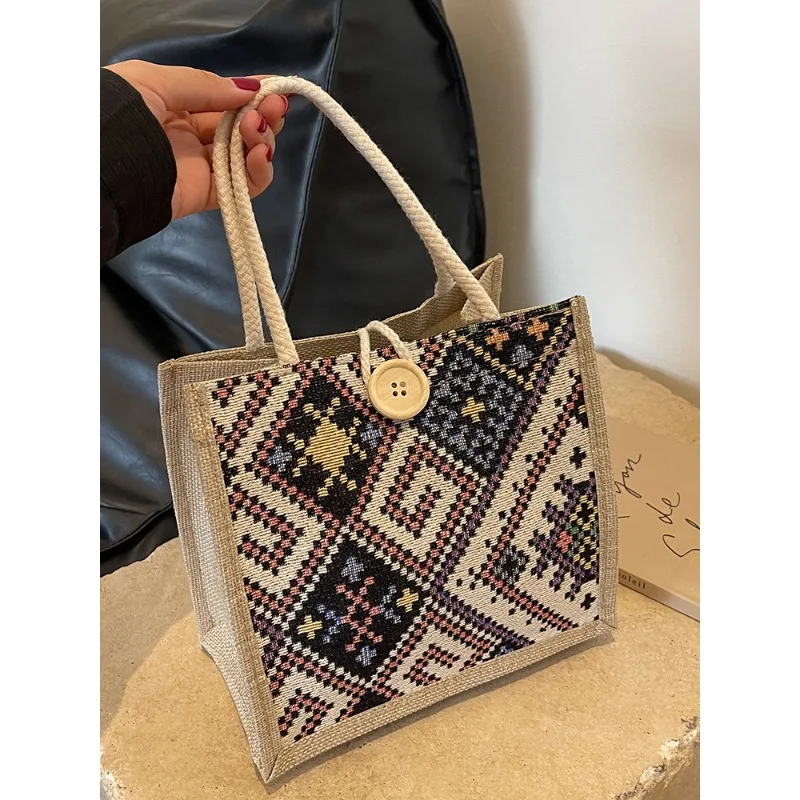 Large Ethnic style Canvas Lunch Bag - Women's Summer Bento Organizer Tote, Insulated Mommy Commuter Purse 핸드백