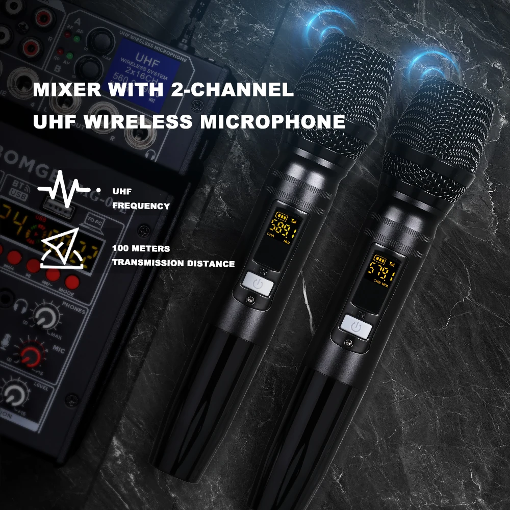 Audio mixer 24DSP 4 Channel metal Sound console USB interface With 2Channel UHF Wireless DJ karaoke microphone for Recording PC