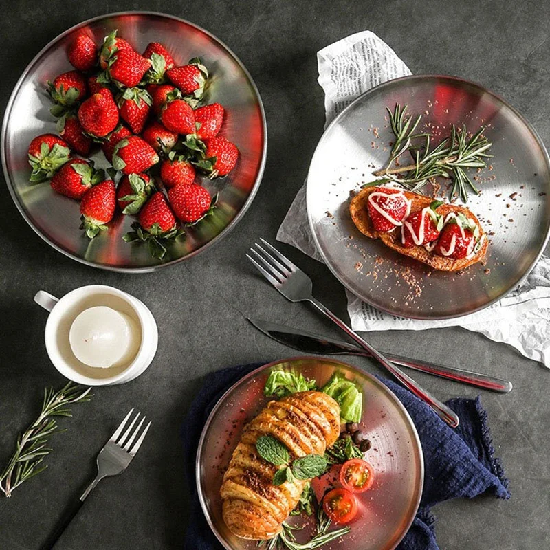 304 Stainless Steel Round Plate Double-Walled Insulated Dinner Plate Plates for Snack Dishes and Fruit dining dish