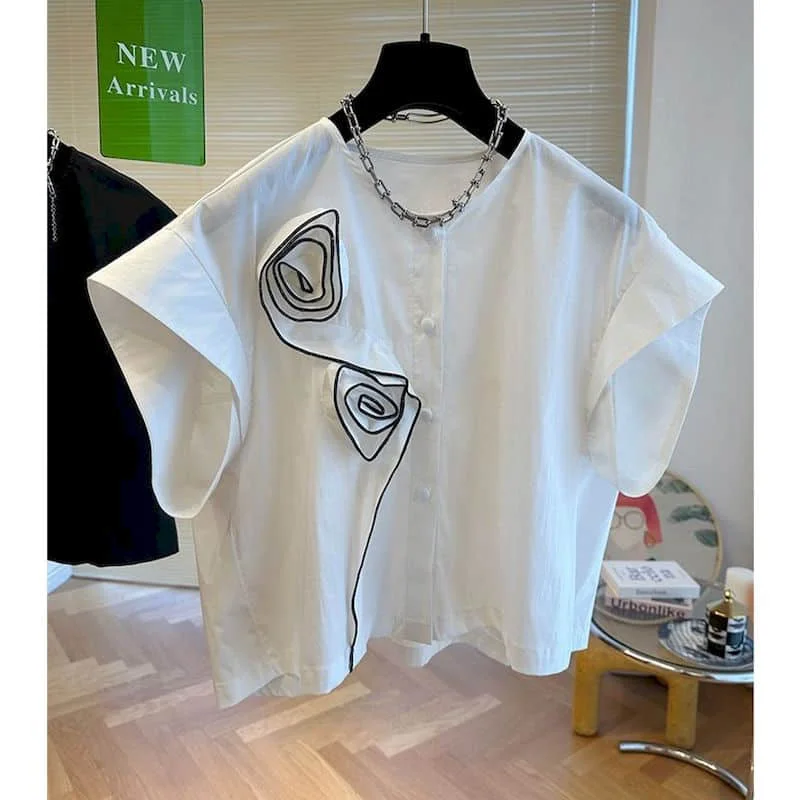 

Cropped Shirts for Women Short Sleeved O-neck Three-dimensional Rose Single Breasted Korean Style One Piece Blouse Women Tops
