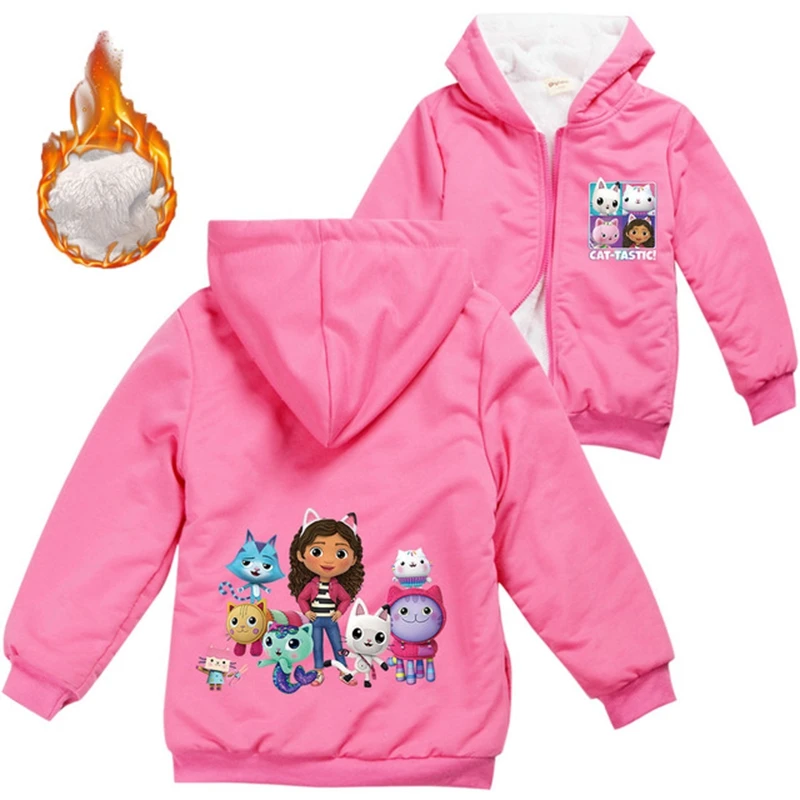 Gabby\'s Dollhouse Teenager Boys Clothes Kids Warm Thick Velvet Hoody Jacket Gabby Cats Baby Girls Zipper Jackets Children\'s Coat