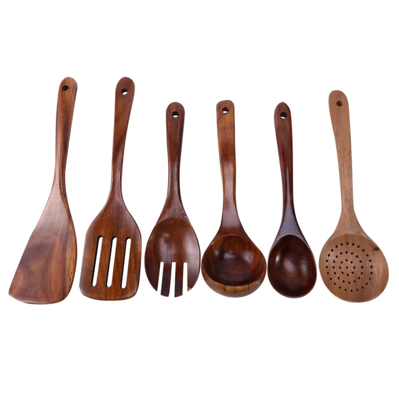 

Wooden Utensils Set Of 6, Large Kitchen Cooking Utensil For Non Stick Cookware, Natural Teak Wood Spoons Spatula Ladle Colander,