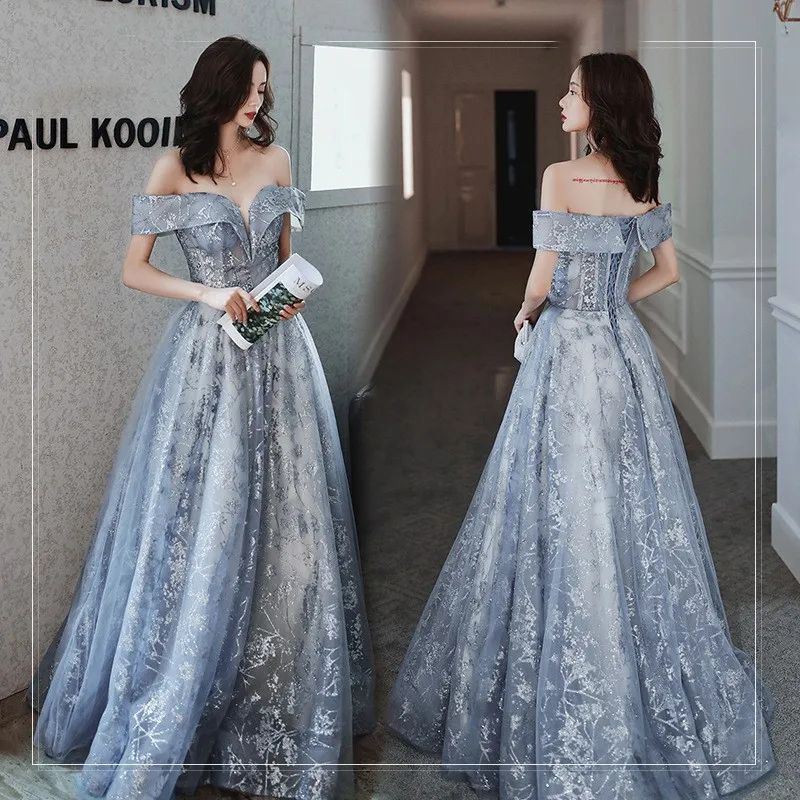 

Smoky Gray off-Shoulder Host Adult Ceremony Birthday Banquet New Fashion Dress