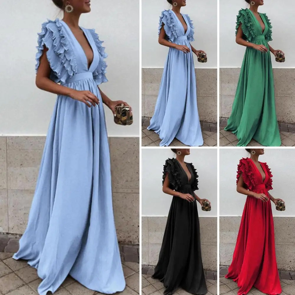 

Cocktail Party Dress Elegant V Neck Maxi Dress with Flying Sleeves Layers for Women Formal Evening Gown with High Waist Pleated
