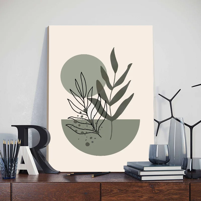 3pcs Bohemian Sage Green Wall Art Canvas Painting with Framed Nordic Abstract Geometric Plant Leaves Posters Bedroom Home Decor