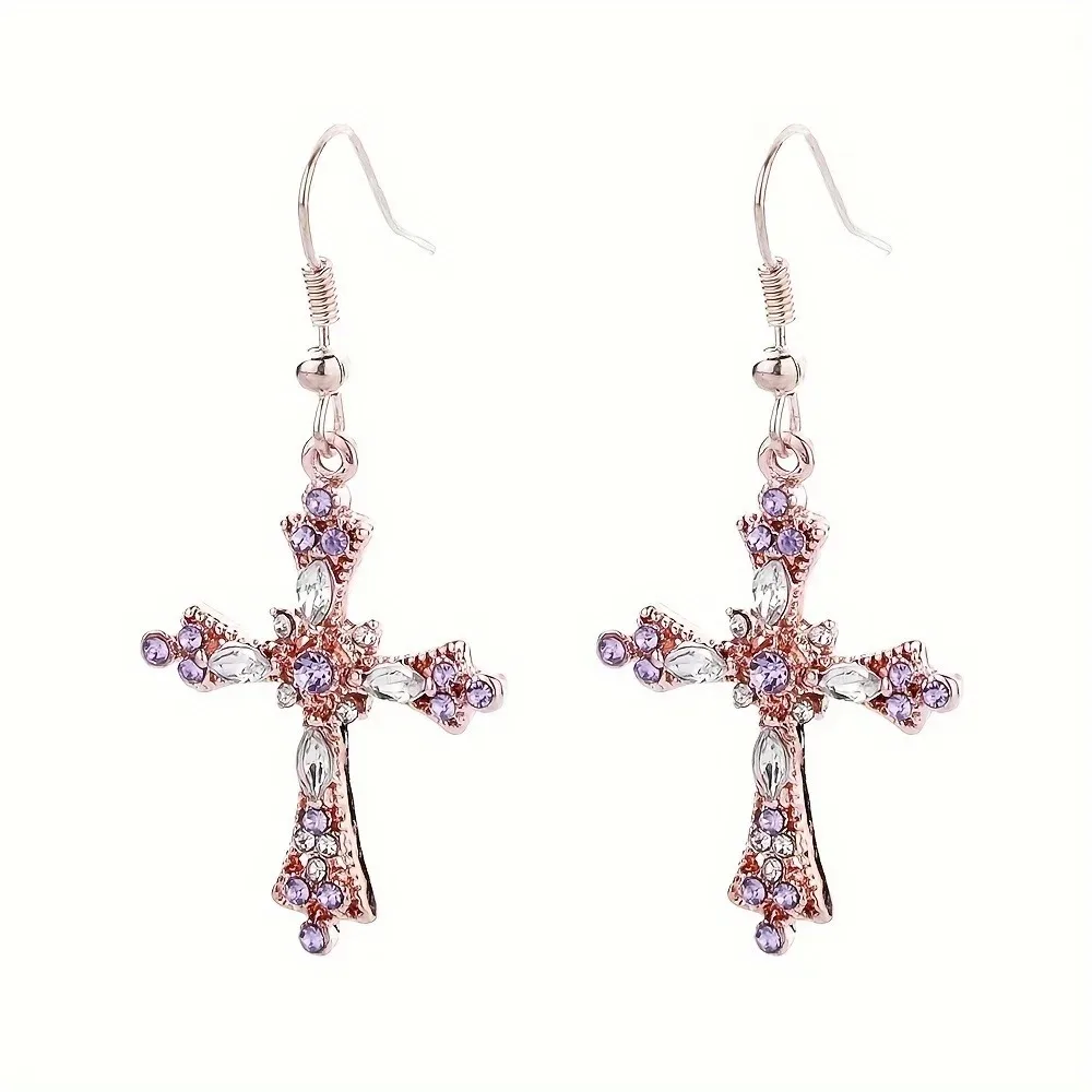 1 pair of earrings+1 pendant necklace set, wedding and engagement friend gift, sparkling cross design rhinestone jewelry set - 3