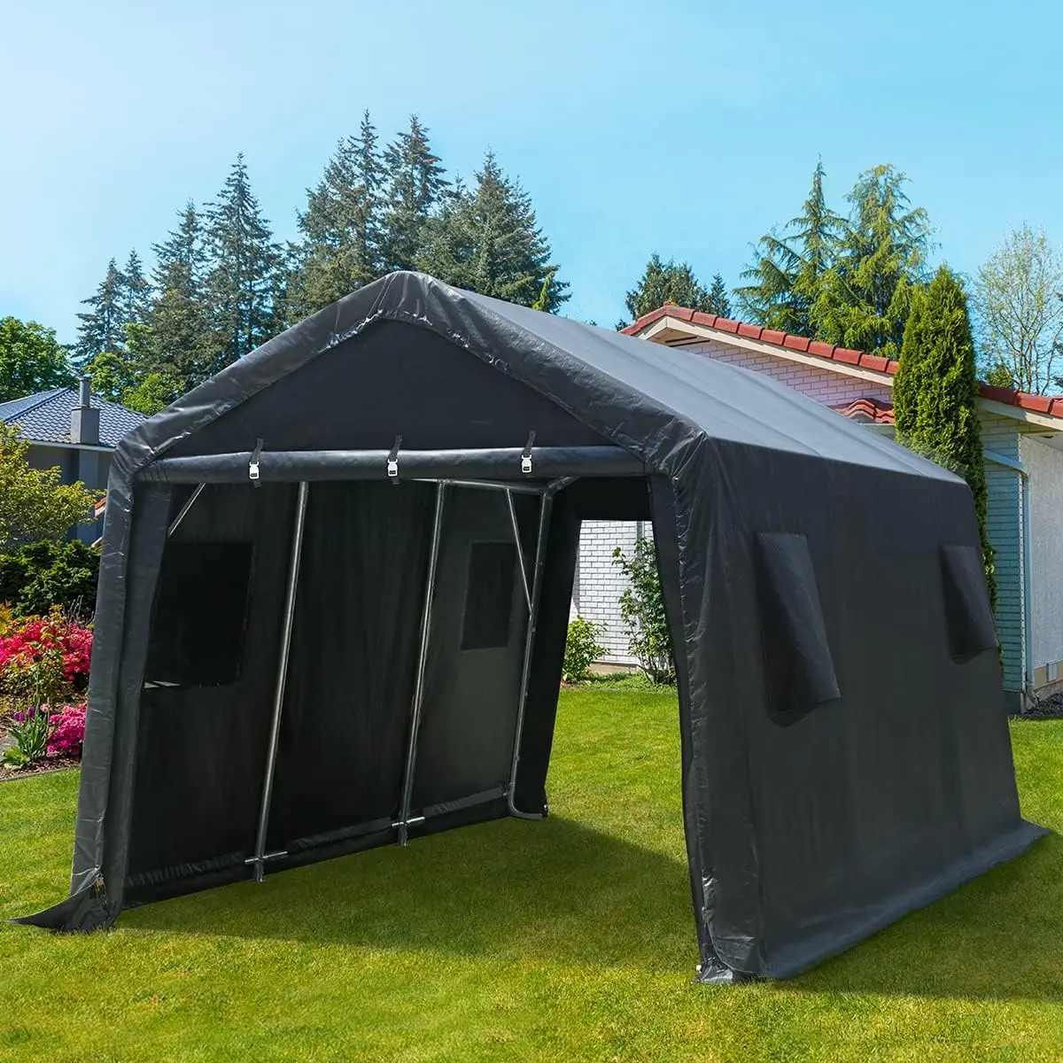10X15 ft Garage Shelter Steel Metal Peak Roof Anti-Snow Portable Storage Shed Carport with 2 Roll up Doors & Vents
