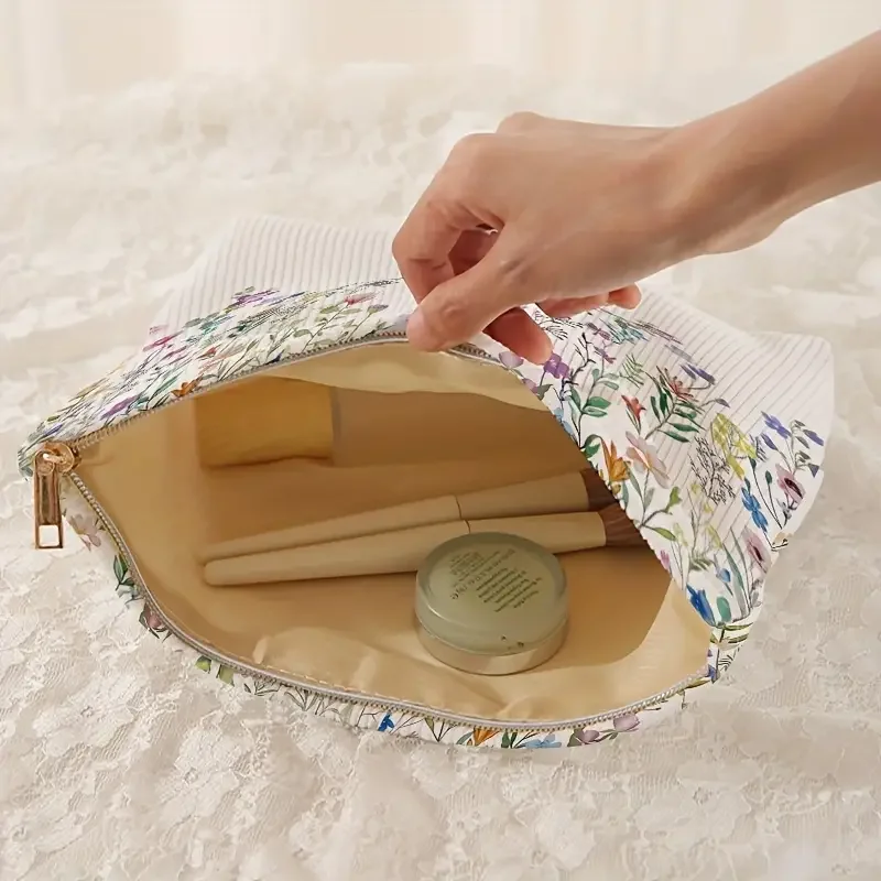 Floral printed corduroy makeup bag, lightweight zipper makeup storage box, multifunctional bag with lining
