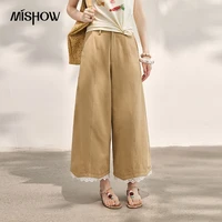 MISHOW Khaki High Waisted Wide Leg Cropped Pants For Women 2026 Summer Lace Trimmed Hem Retro Casual Loose Pants MXF24K1294