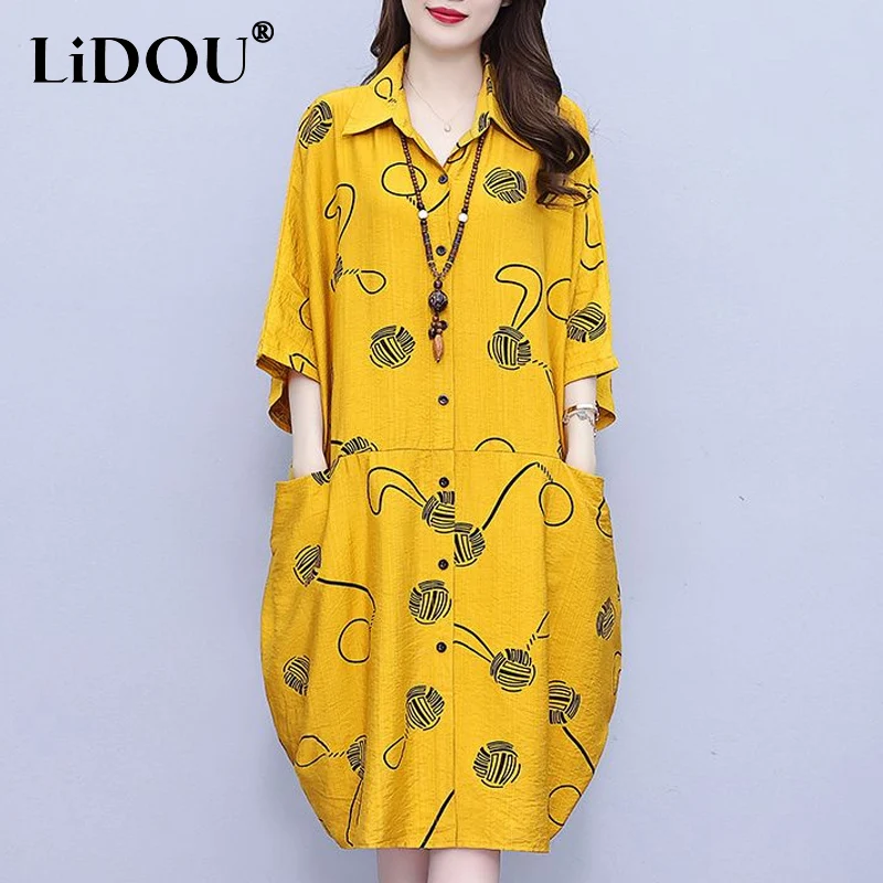 

2023 Summer New POLO Collar Short Sleeve Button Pocket Patchwork Midi Dress Women High Street Printing Loose All-match Vestidos