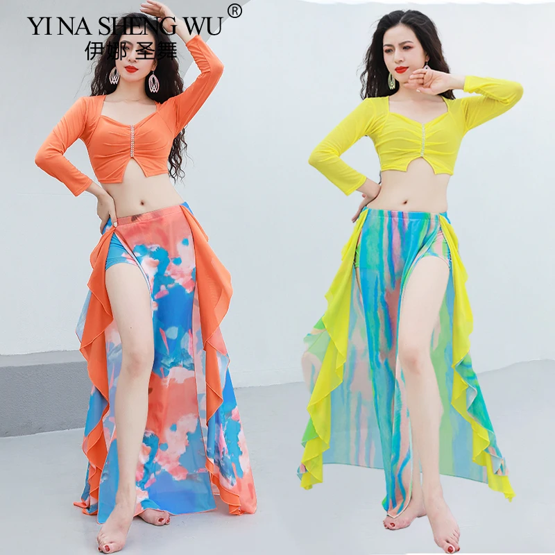 

Belly Dance Costume Oriental Dance Clothing for Women Mesh Top+printed Long Skirt Dancewear Performance Training Dancing Clothes